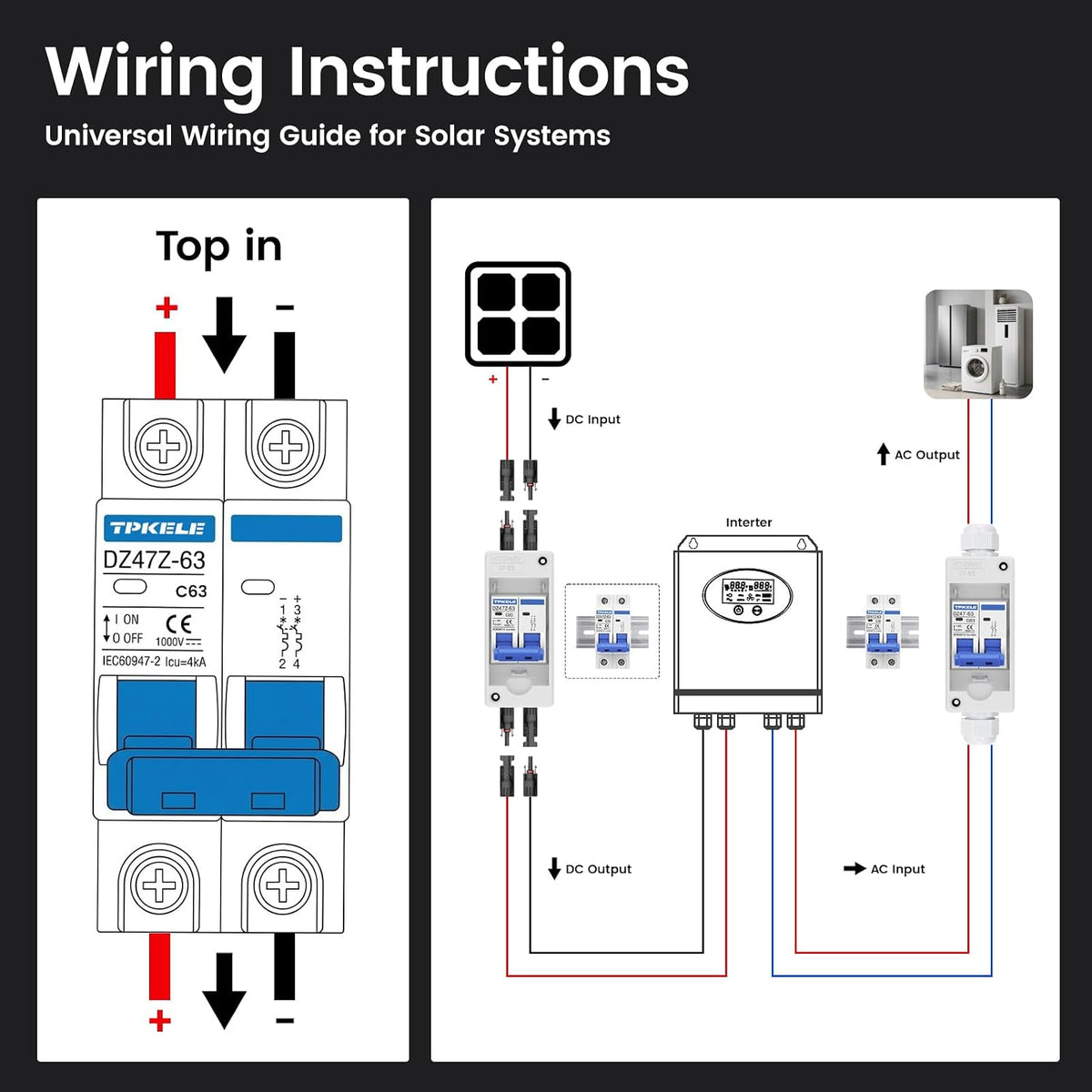 DZ47 DC 1000V 63A 2 Pole Miniature Circuit Breaker, DIN Rail Mount DC MCB for Solar PV System, Thermal Magnetic Trip DC Disconnect Protection Switch