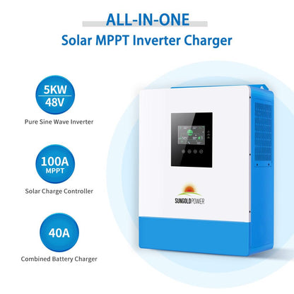 UL1741 5000W DC 48V Pure Sine Wave Solar Inverter,120Vac Output,100A MPPT Solar Charger and 40A AC Battery Charger,All in One Solar Inverter for Back Up,Off Grid System (Support Parallel)