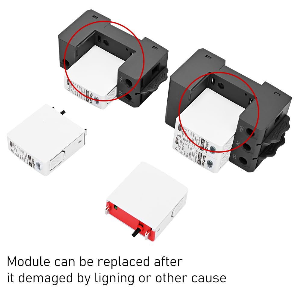 DC SPD Surge Protector for 100V-1000V PV Systems, 2-Pole 40Ka T2 Level, Replaceable Module, Solar Panel Lightning Protection, Overvoltage Protection (500V)