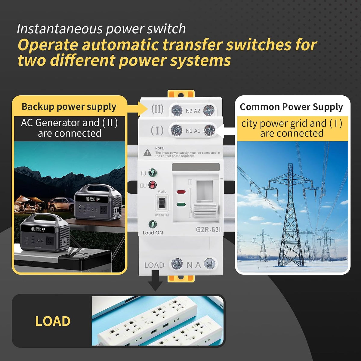 Mini ATS AC Automatic/Manual Transfer Switch 2P 63A 110V, ATS Manual Transfer for Uninterruptible Power Supply Home,Dual Auto Power Electrical Selector Switch DIN Rail Mount（G2R 2P 63A AC110V）
