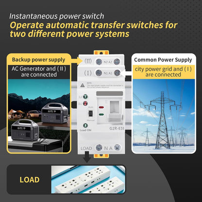 Mini ATS AC Automatic/Manual Transfer Switch 2P 63A 110V, ATS Manual Transfer for Uninterruptible Power Supply Home,Dual Auto Power Electrical Selector Switch DIN Rail Mount（G2R 2P 63A AC110V）