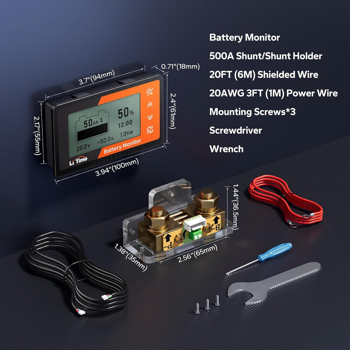 500A Battery Monitor with Shunt, 8V-120V, M8 Terminals, Buzzer Alarm