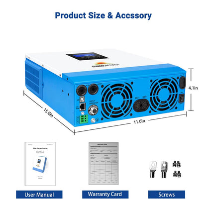 3000W DC 24V Solar Inverter with 60A MPPT Solar Charger (MPPT Voltage Range 30-90Vdc), 40A AC Battery Charger, 120V AC Output,All in One Pure Sine Wave Inverter