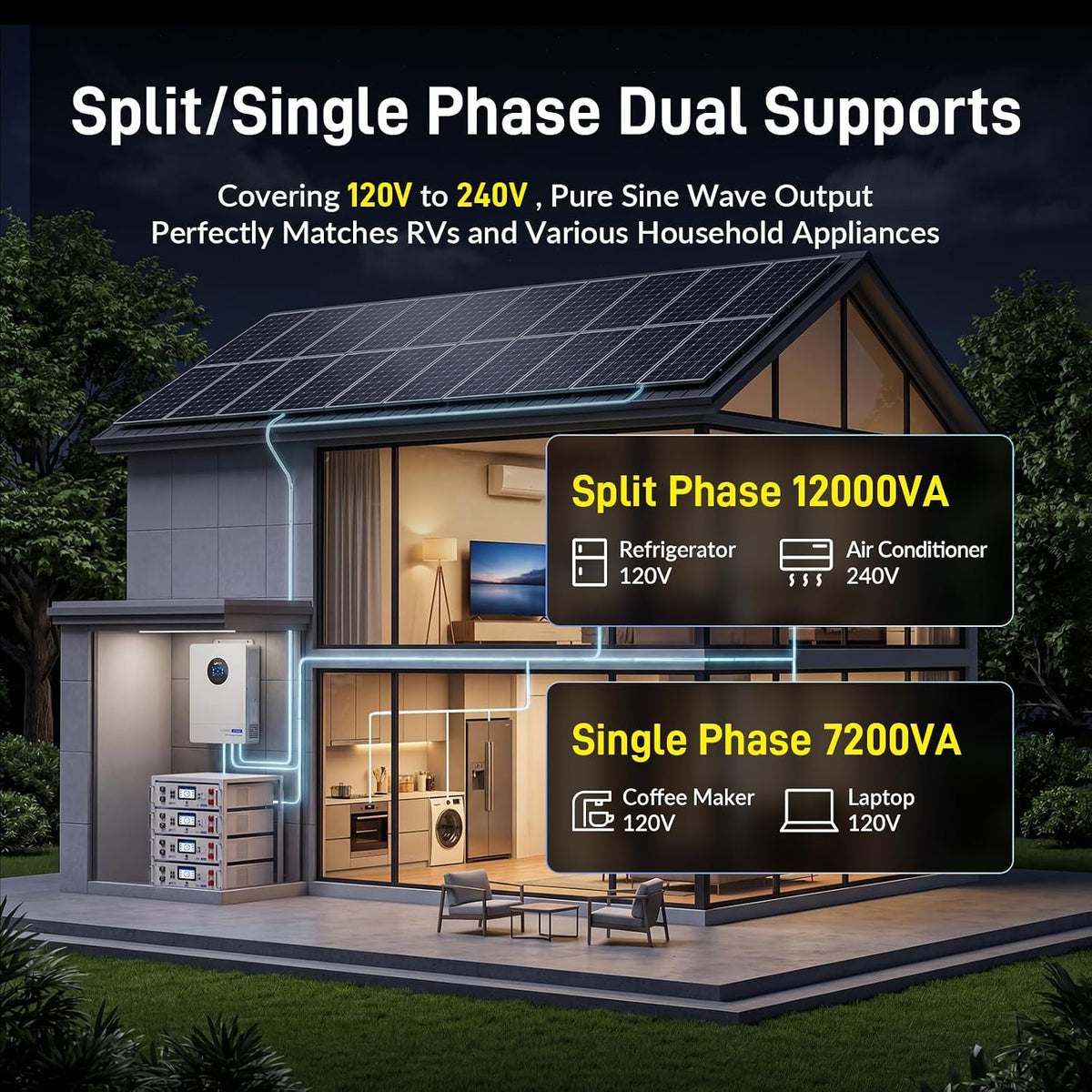48V 12Kw Hybrid Inverter, 120/240V Split Phase Solar Charger