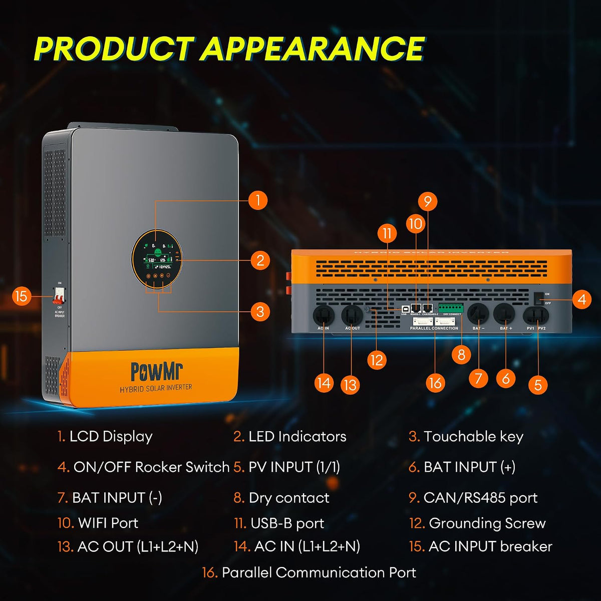 12000W Hybrid Solar Inverter, 48V DC to 110V/240V AC Split Phase Inverter with 200A MPPT Controller, Max PV Input 13.2Kw, 500VDC, Supports up to 6 in Parallel, for Lead Acid Lithium Battery