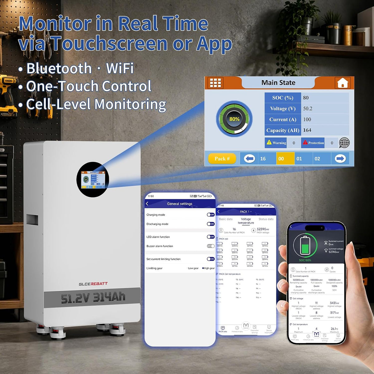 48V 314Ah Lifepo4 Battery, 200A Active Balancing BMS, 16.07Kwh, LCD Touchscreen & Bluetooth, up to 15 Units Parallel for Home Solar Backup Off-Grid