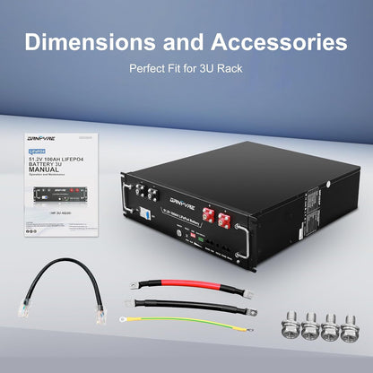 48V 100Ah Lifepo4 Battery, 5.12Kwh 3U Server Rack Mount Lithium Battery, Built‑In 100A Smart BMS, RS485 CAN RS232, up to 15000 Cycles, for Solar Energy Storage Home Backup