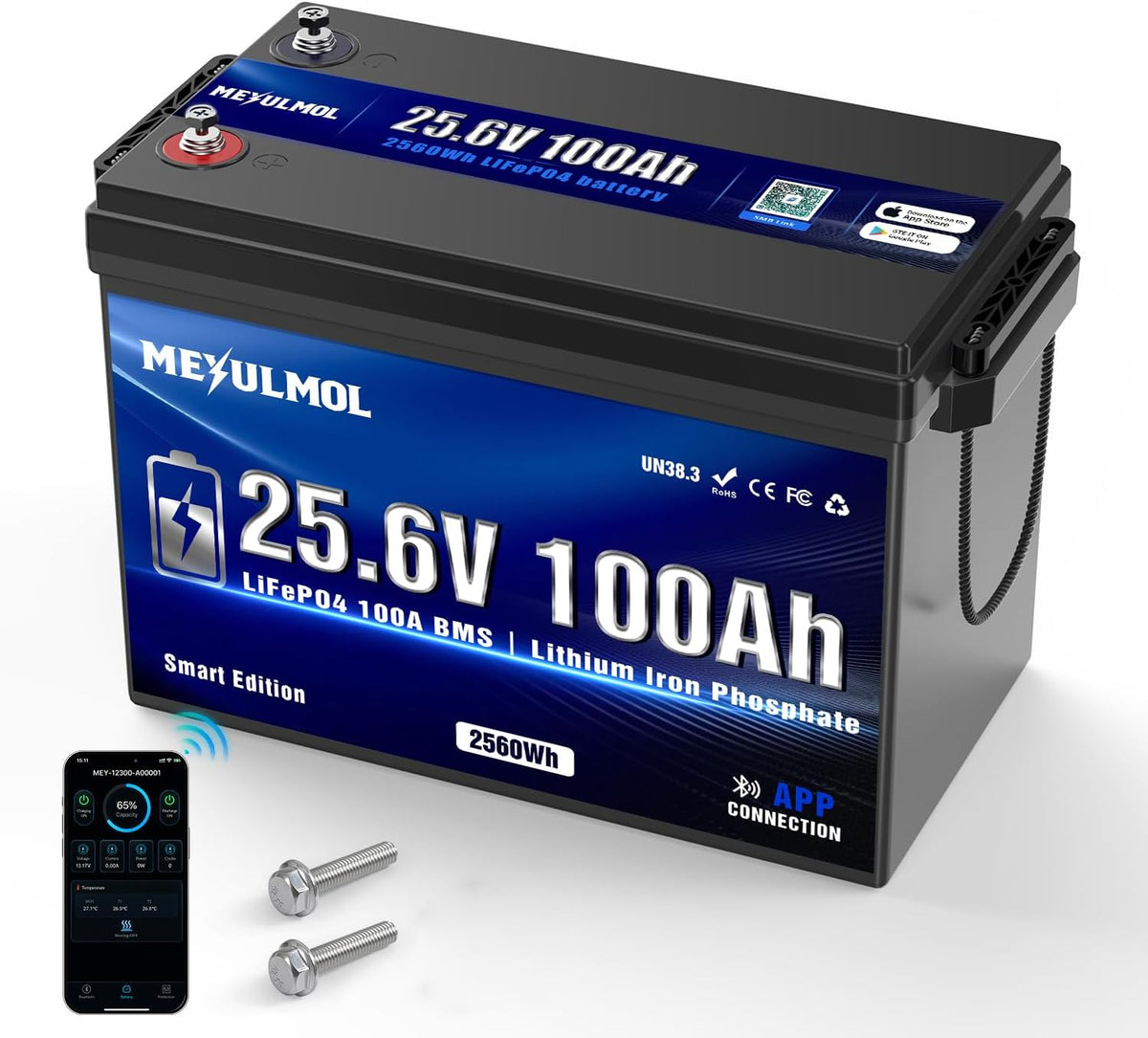 24V 100Ah Lifepo4 Lithium Battery with APP Monitoring, 100A BMS, 2560Wh Energy, Expandable to 2S4P, 5000+ Cycles,Low-Temp Protection, for RV, Solar, Trolling Motor, Camping, Off-Grid & Home Backup