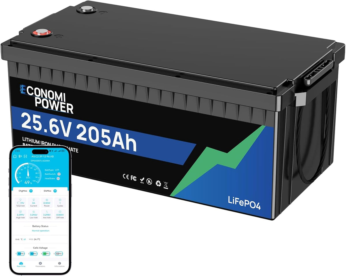 24V 200Ah(205Ah) Lifepo4 Lithium Battery, Built-In 200A BMS Bluetooth Monitoring, 5000 Deep Cycles, 5248Wh Lithium Battery for Solar, RV, Marine, Trolling Motor, Off-Grid