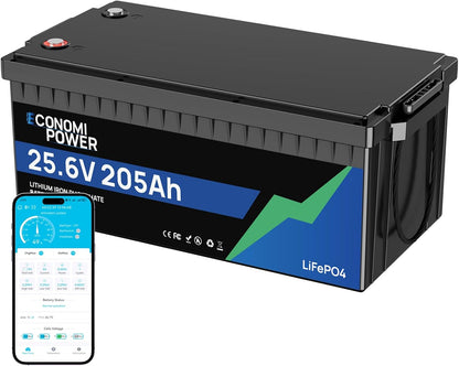 24V 200Ah(205Ah) Lifepo4 Lithium Battery, Built-In 200A BMS Bluetooth Monitoring, 5000 Deep Cycles, 5248Wh Lithium Battery for Solar, RV, Marine, Trolling Motor, Off-Grid