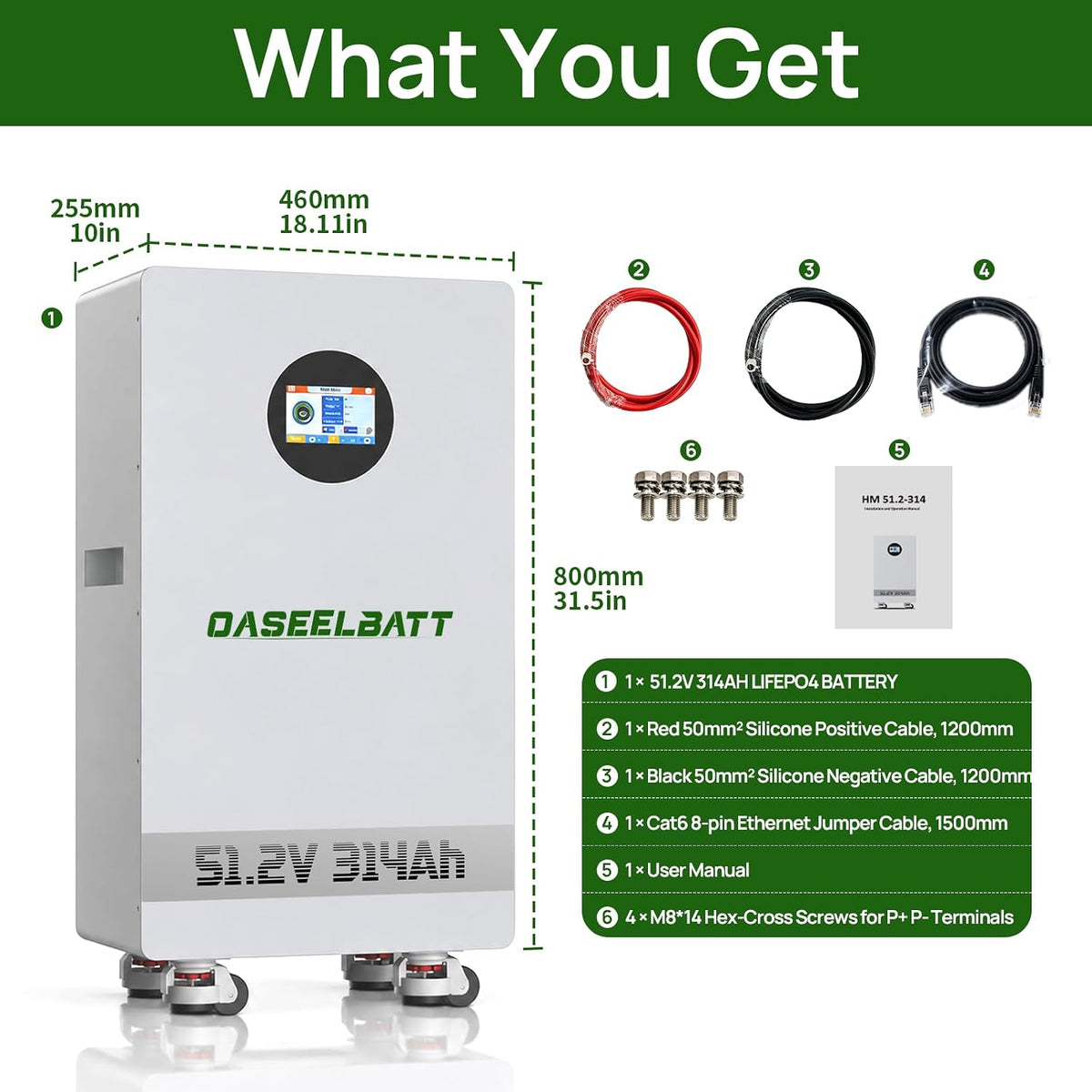 51.2V 314Ah Lifepo4 Battery,16.07Kwh with 200A Active Balancing BMS,LCD Touchscreen for Home Solar Backup off Grid System