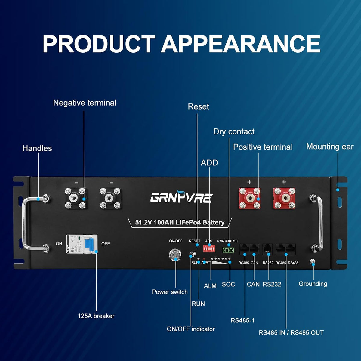 48V 100Ah Lifepo4 Battery, 5.12Kwh 3U Server Rack Mount Lithium Battery, Built‑In 100A Smart BMS, RS485 CAN RS232, up to 15000 Cycles, for Solar Energy Storage Home Backup