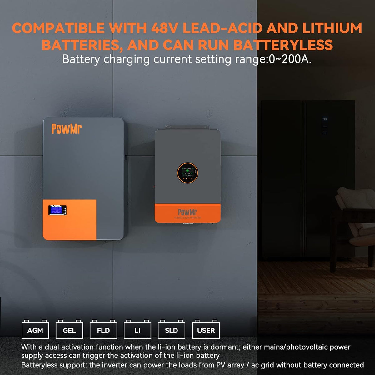 Powmr 10000W Solar Inverter 48V to 120/240V Split-Phase Output, Split-Phase Hybrid Inverter 10000W Built-In 200A MPPT Controller, Support 6-Unit Parallel and Can Batteryless Run