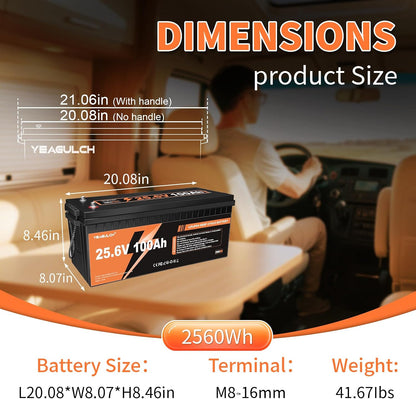 24V 100Ah Lifepo4 Lithium Battery with 100A BMS 2560Wh 15000+ Deep Cycles
