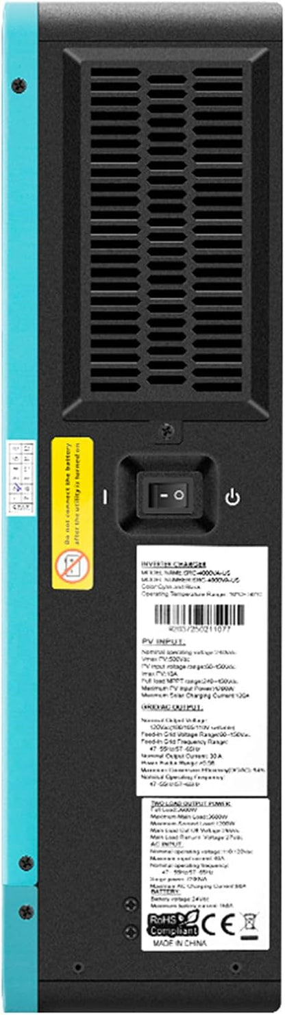 3600W Hybrid Solar Inverter，24Vdc to 120VAC Power Converter with 120A MPPT Solar Charging Controller，Battery-Less Operation Pure Sine Wave Inverter for Home, Rvs and Off-Grid Cabin