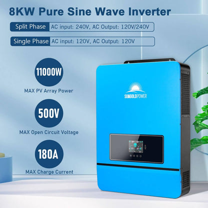 8000W 48V Solar Inverter,Built-In 2 Mppts, Max 180A Battery Charging, AC Input/Output 120V/240V(Settable), Split Phase Pure Sine Wave Inverter UL1741 Sph8048P(Wifi and BMS COMM)