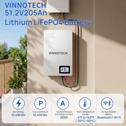 48V 200Ah((205Ah) Lithium Battery Wall Mounted, 10.49Kwh Lifepo4 Battery with 200A BMS, Bluetooth & Touchscreen, CAN |RS485 |RS232, Deep Cycle for Solar RV Backup Power