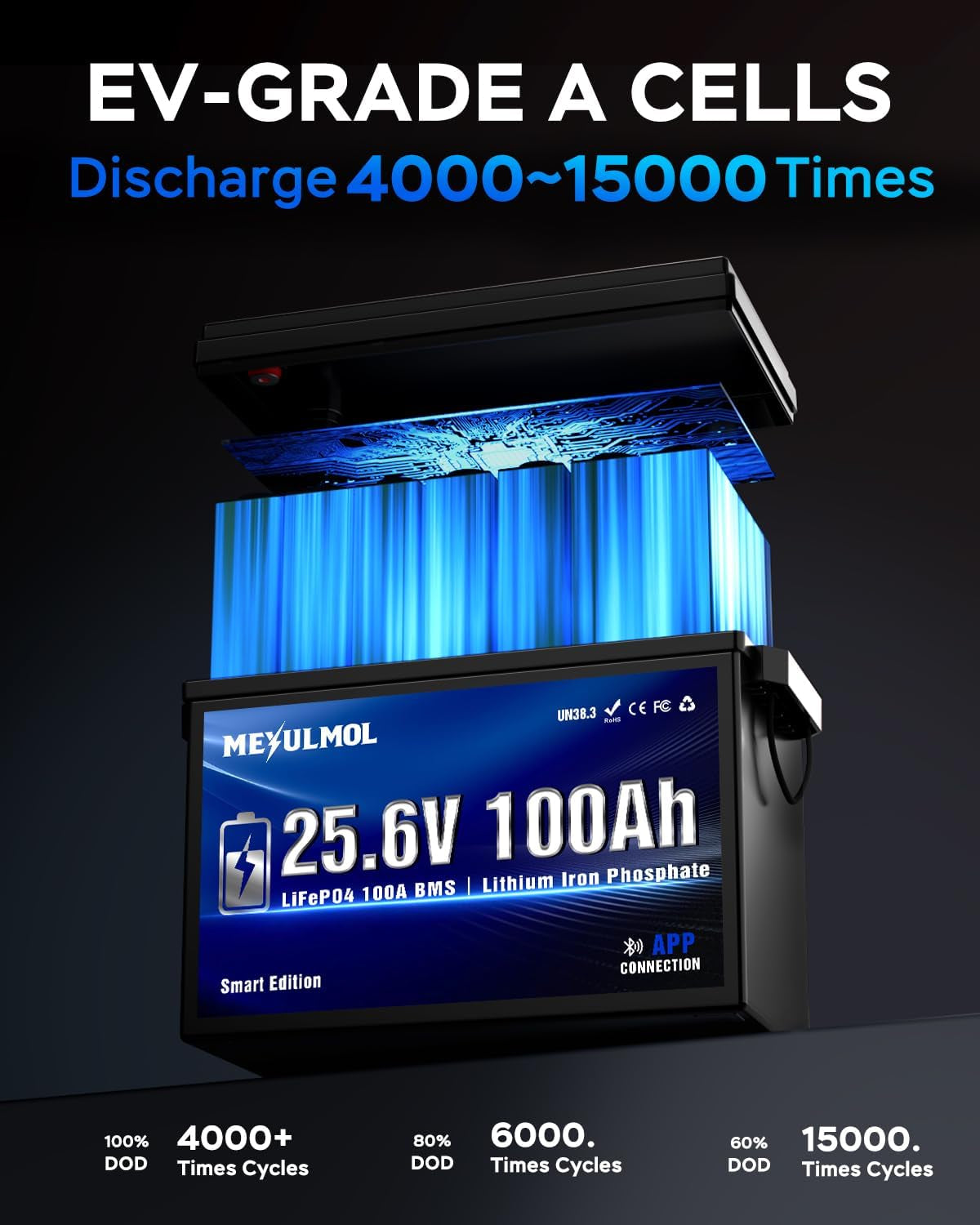 24V 100Ah Lifepo4 Lithium Battery with APP Monitoring, 100A BMS, 2560Wh Energy, Expandable to 2S4P, 5000+ Cycles,Low-Temp Protection, for RV, Solar, Trolling Motor, Camping, Off-Grid & Home Backup