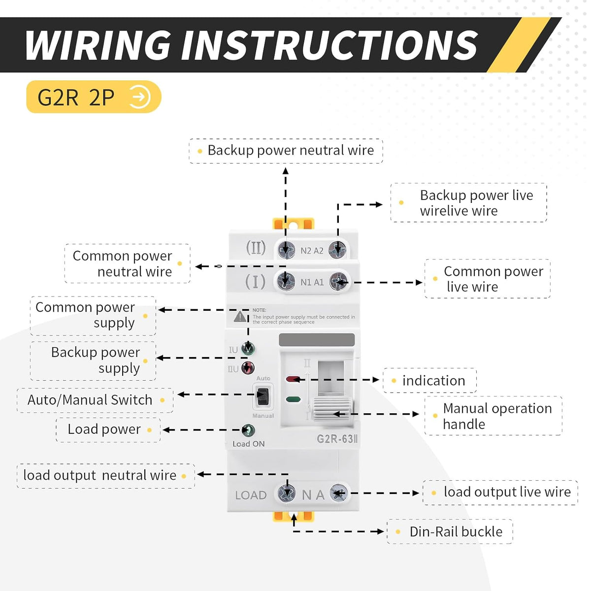 Mini ATS AC Automatic/Manual Transfer Switch 2P 63A 110V, ATS Manual Transfer for Uninterruptible Power Supply Home,Dual Auto Power Electrical Selector Switch DIN Rail Mount（G2R 2P 63A AC110V）