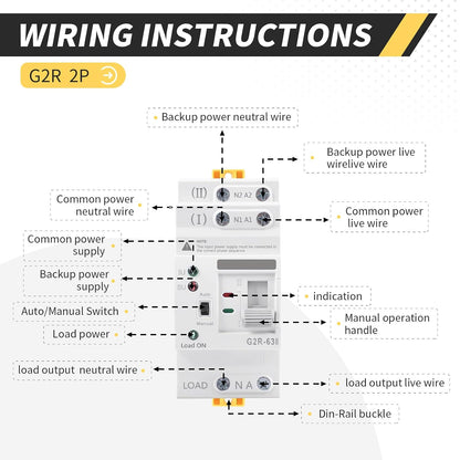 Mini ATS AC Automatic/Manual Transfer Switch 2P 63A 110V, ATS Manual Transfer for Uninterruptible Power Supply Home,Dual Auto Power Electrical Selector Switch DIN Rail Mount（G2R 2P 63A AC110V）