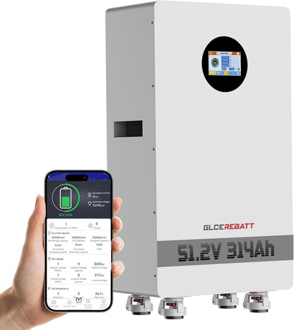 48V 314Ah Lifepo4 Battery, 200A Active Balancing BMS, 16.07Kwh, LCD Touchscreen & Bluetooth, up to 15 Units Parallel for Home Solar Backup Off-Grid