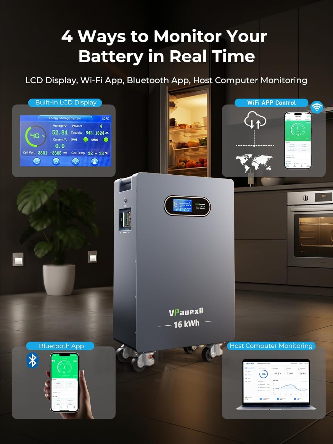 51.2V 314Ah Lifepo4 Battery, 16076.8Wh Energy Storage with 200A BMS, 250A Breaker, LCD Touchscreen, Bluetooth/Wifi, RS485/CAN/RS232 for Home Backup, Off-Grid Solar