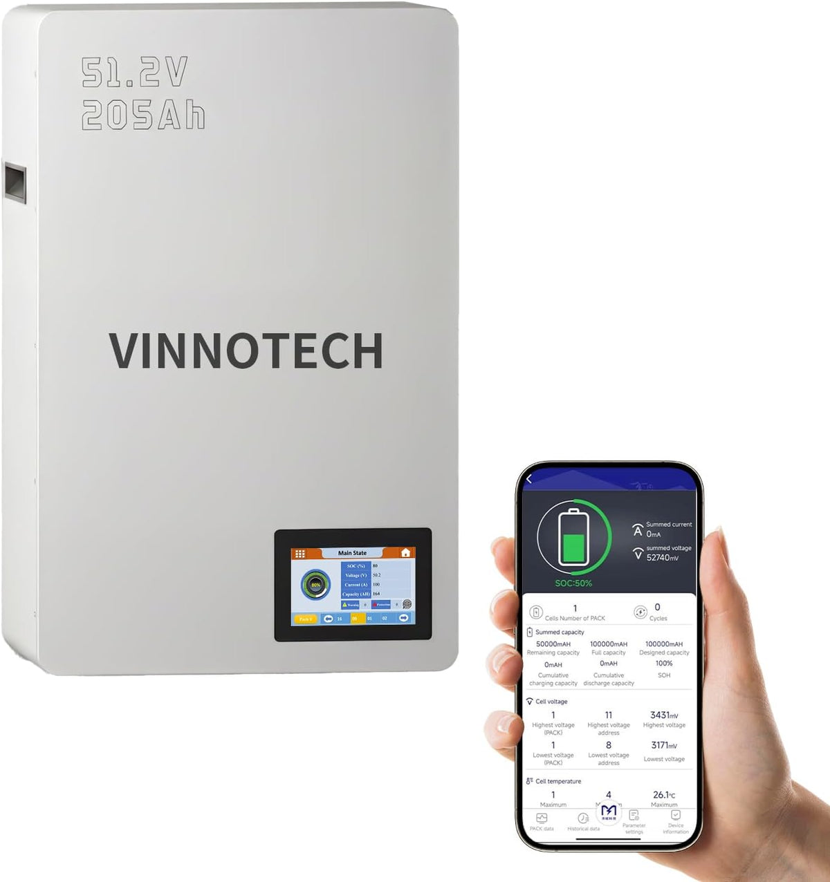 48V 200Ah((205Ah) Lithium Battery Wall Mounted, 10.49Kwh Lifepo4 Battery with 200A BMS, Bluetooth & Touchscreen, CAN |RS485 |RS232, Deep Cycle for Solar RV Backup Power