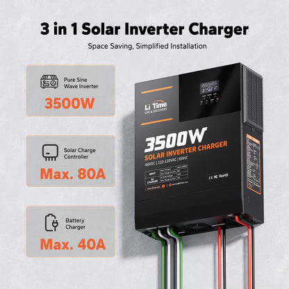 3500W Pure Sine Wave Solar Inverter Charger, 48V DC to 120V AC All-In-One Solar Inverter, Built in 80A MPPT Charge Controller, for 48V Lead Acid/Lifepo4 Battery, Home Energy Storage, Off-Grid