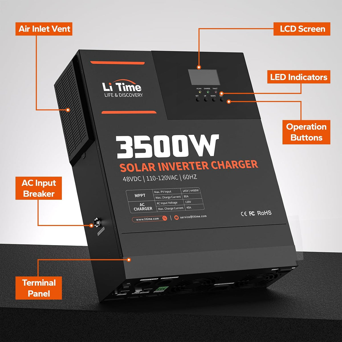 3500W Solar Inverter Charger, All-In-One 48V DC-120V AC, 80A MPPT