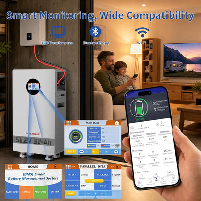 48V(51.2V) 314Ah Lifepo4 Battery, 200A Active Balancing BMS, 16.07Kwh, LCD Touchscreen & Bluetooth, up to 15 Units Parallel for Home Solar Backup Off-Grid