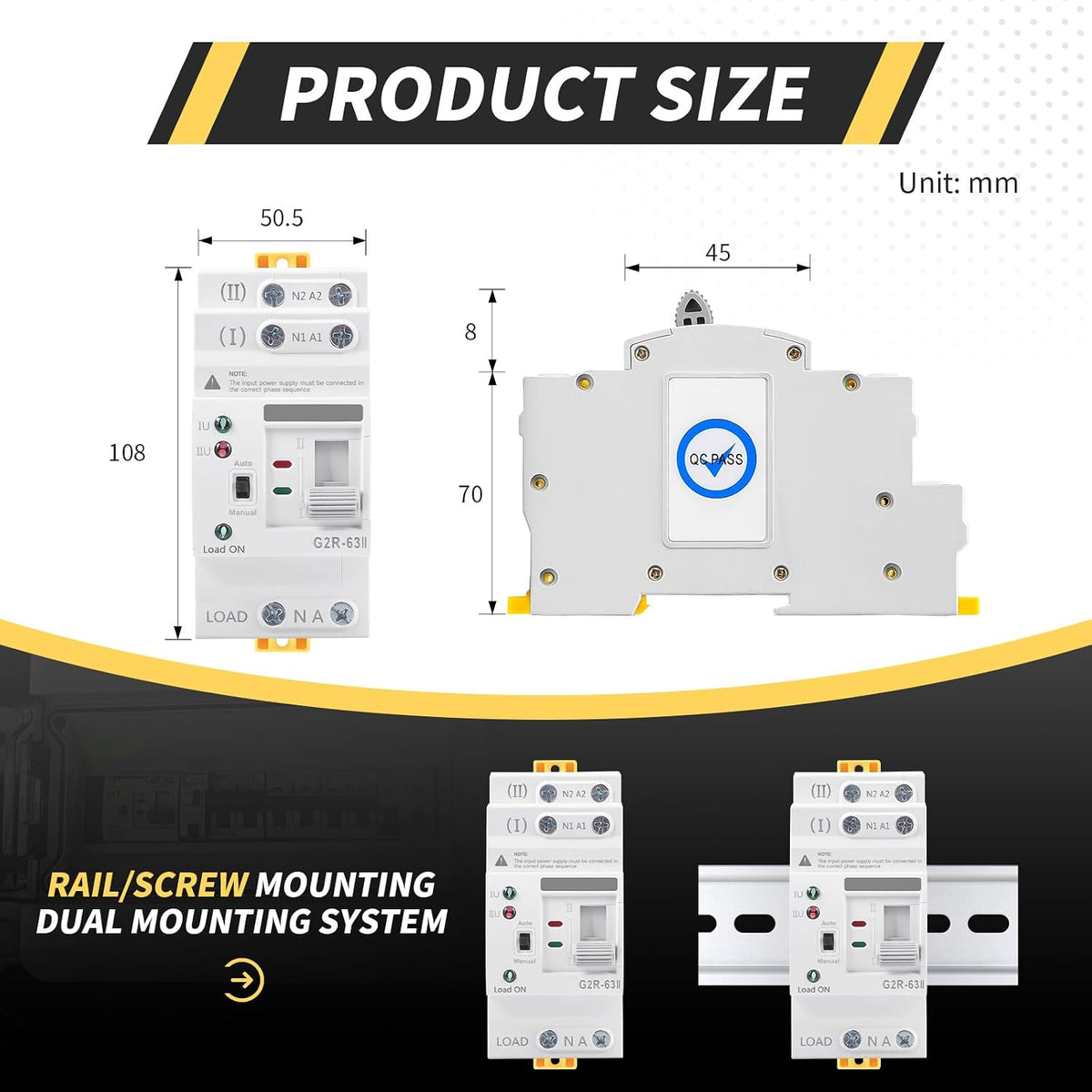 Mini ATS AC Automatic/Manual Transfer Switch 2P 63A 110V, ATS Manual Transfer for Uninterruptible Power Supply Home,Dual Auto Power Electrical Selector Switch DIN Rail Mount（G2R 2P 63A AC110V）