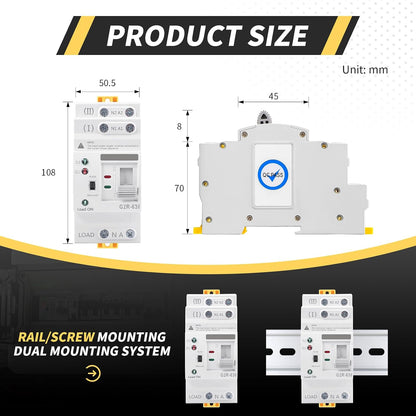 Mini ATS AC Automatic/Manual Transfer Switch 2P 63A 110V, ATS Manual Transfer for Uninterruptible Power Supply Home,Dual Auto Power Electrical Selector Switch DIN Rail Mount（G2R 2P 63A AC110V）