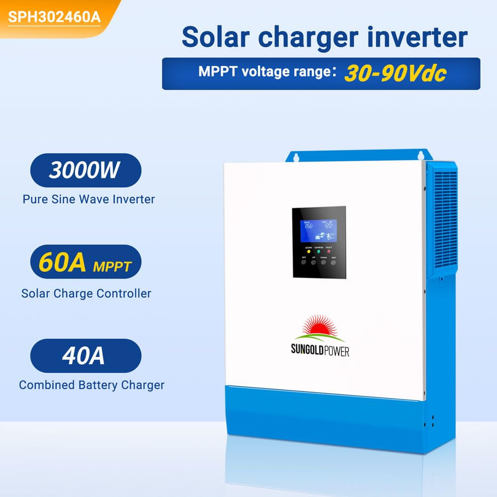 3000W DC 24V Solar Inverter with 60A MPPT Solar Charger (MPPT Voltage Range 30-90Vdc), 40A AC Battery Charger, 120V AC Output,All in One Pure Sine Wave Inverter
