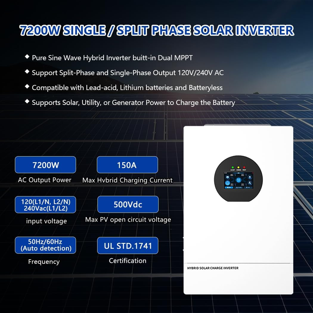 7200W Split Phase Hybrid Solar Inverter 48V DC to 120/240V AC, UL1741, Built-In 150A Solar Charger, 6-Unit Parallel to 43.2KW, Supports Battery-Free & Lithium/Lead-Acid, for Home/Rv/Cabin/Off-Grid