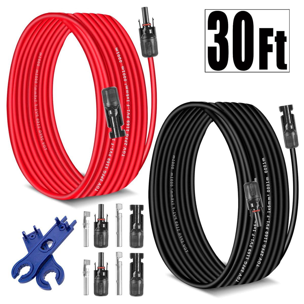 Solar Extension Cable 30 Ft 10AWG (6Mm²) Solar Power Cable Wire Male Female Connectors Gauge 30' 30A Wire for Roof PV Wire Solar Panel Cables 10 Gauge Wire