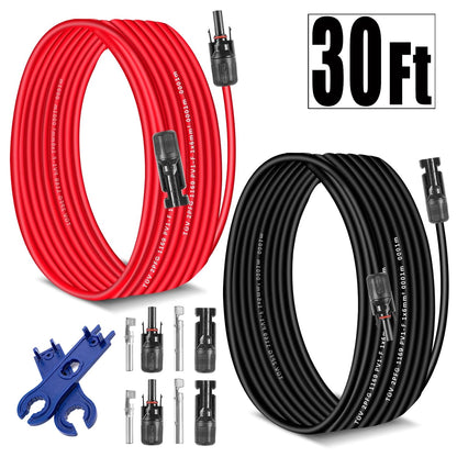 Solar Extension Cable 30 Ft 10AWG (6Mm²) Solar Power Cable Wire Male Female Connectors Gauge 30' 30A Wire for Roof PV Wire Solar Panel Cables 10 Gauge Wire
