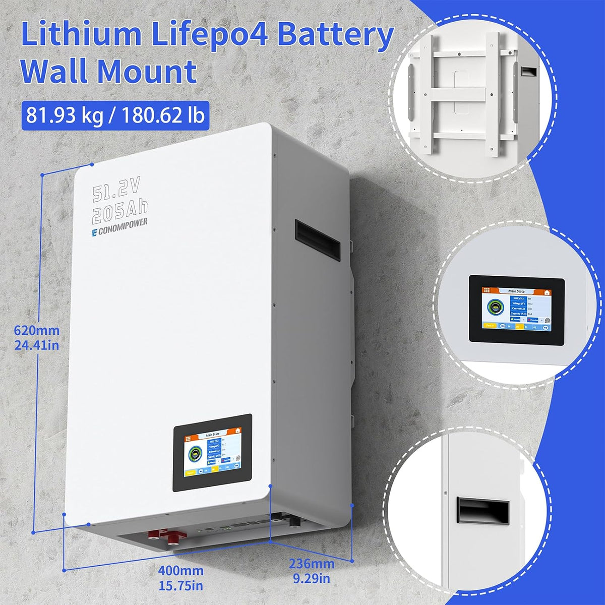 48V 200Ah(205Ah) Lifepo4 Battery Wall Mounted, 10.49Kwh Solar Storage 8000+ Cycles 48V Rechargeable Lithium Battery with 200A BMS for Photovoltaic System, Home Use, Emergency, RV