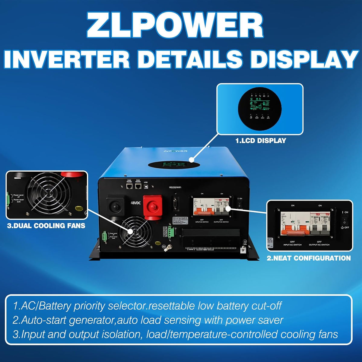 UL1741 48V Inverter 12KW Solar off Grid Inverters 110/220Vac Low Frequency DC 48V AC Input 240V AC Output 120V/240V Split Phase Pure Sine Wave Power with 2X80A MPPT Charger Controller 12000W