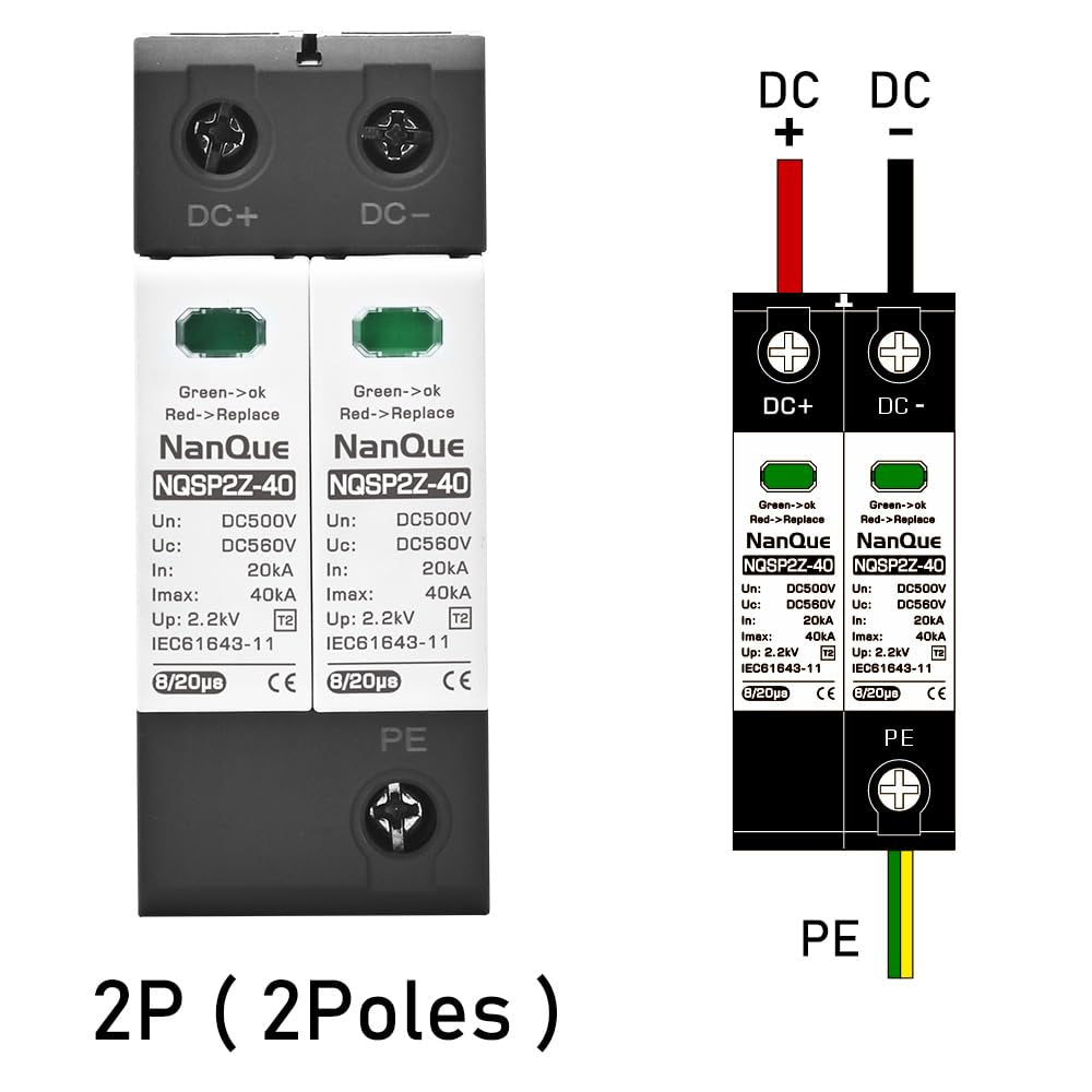 DC SPD Surge Protector for 100V-1000V PV Systems, 2-Pole 40Ka T2 Level, Replaceable Module, Solar Panel Lightning Protection, Overvoltage Protection (500V)