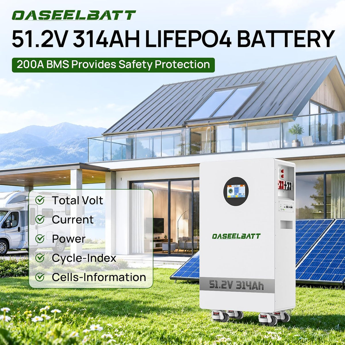 51.2V 314Ah Lifepo4 Battery,16.07Kwh with 200A Active Balancing BMS,LCD Touchscreen for Home Solar Backup off Grid System