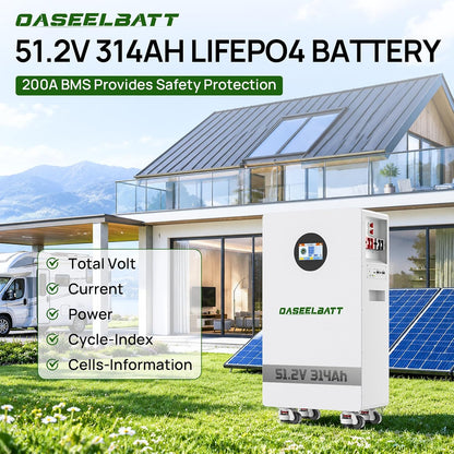 51.2V 314Ah Lifepo4 Battery,16.07Kwh with 200A Active Balancing BMS,LCD Touchscreen for Home Solar Backup off Grid System