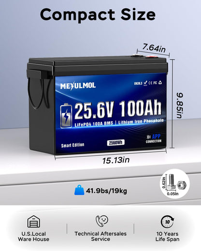 24V 100Ah Lifepo4 Lithium Battery with APP Monitoring, 100A BMS, 2560Wh Energy, Expandable to 2S4P, 5000+ Cycles,Low-Temp Protection, for RV, Solar, Trolling Motor, Camping, Off-Grid & Home Backup