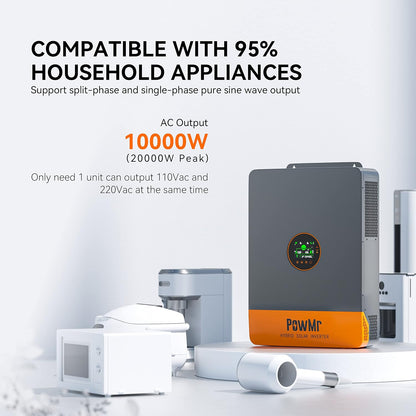 Powmr 10000W Solar Inverter 48V to 120/240V Split-Phase Output, Split-Phase Hybrid Inverter 10000W Built-In 200A MPPT Controller, Support 6-Unit Parallel and Can Batteryless Run