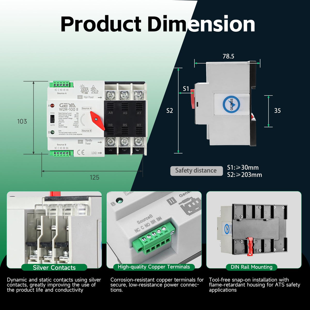 Automatic Transfer Switch Three Phase ATS 100A 220V Power Transfer Switch Din Rail Mounted Controller Electrical Type(3P-100A-Ac220V)