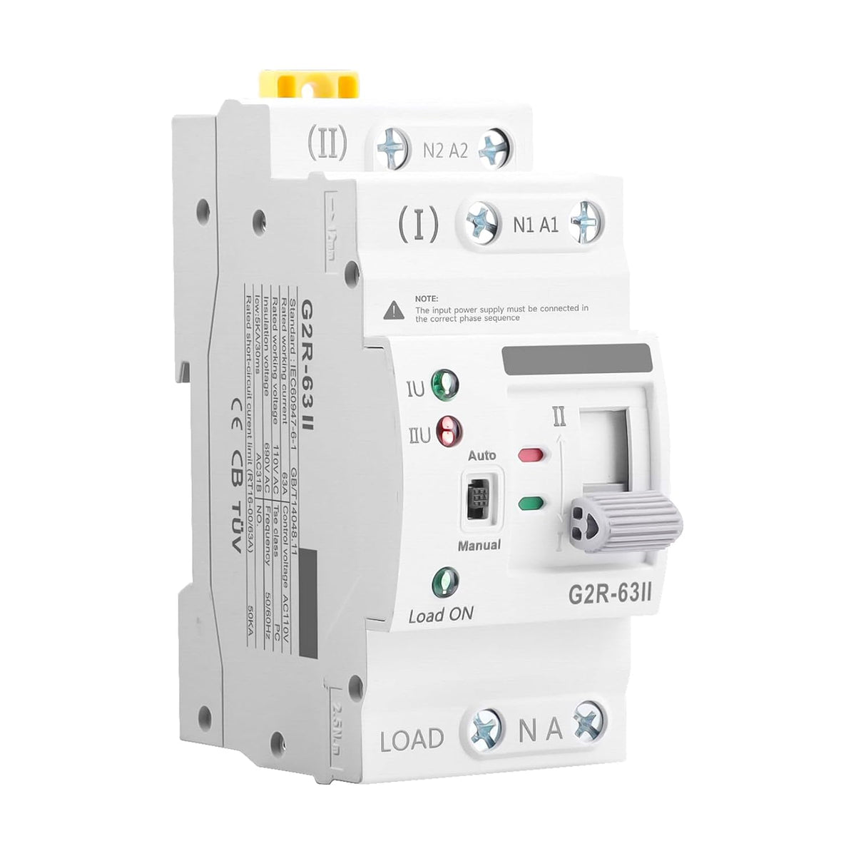Mini ATS AC Automatic/Manual Transfer Switch 2P 63A 110V, ATS Manual Transfer for Uninterruptible Power Supply Home,Dual Auto Power Electrical Selector Switch DIN Rail Mount（G2R 2P 63A AC110V）