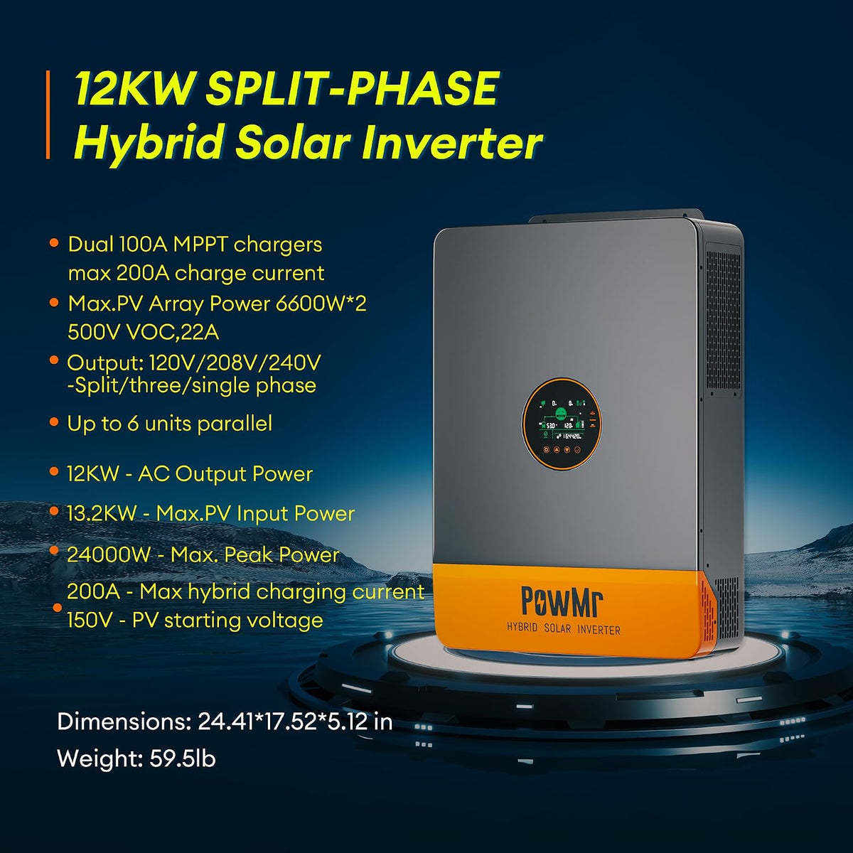 12000W Hybrid Solar Inverter, 48V DC to 110V/240V AC Split Phase Inverter with 200A MPPT Controller, Max PV Input 13.2Kw, 500VDC, Supports up to 6 in Parallel, for Lead Acid Lithium Battery