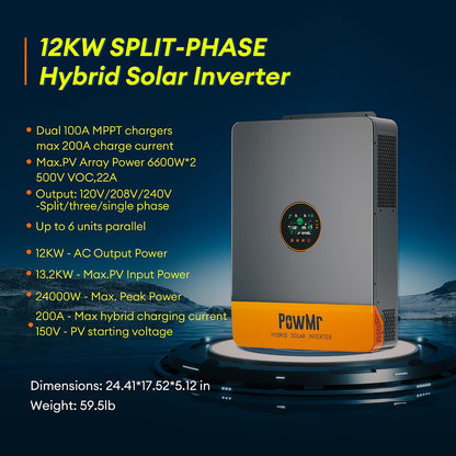 12000W Hybrid Solar Inverter, 48V DC to 110V/240V AC Split Phase Inverter with 200A MPPT Controller, Max PV Input 13.2Kw, 500VDC, Supports up to 6 in Parallel, for Lead Acid Lithium Battery