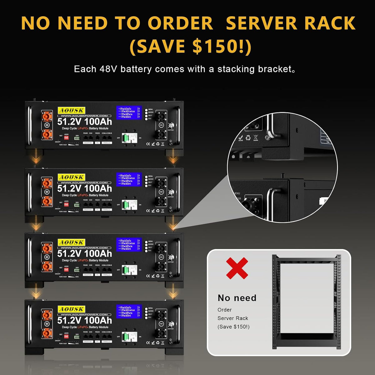 48V 100Ah(V2) Lithium Lifepo4 Solar Battery, Support Inverter Communication, Built-In 100A BMS with Bluetooth,Max. 5120W Power Output, 6000+ Cycles, Perfect for Off-Grid, Solar, Backup Power