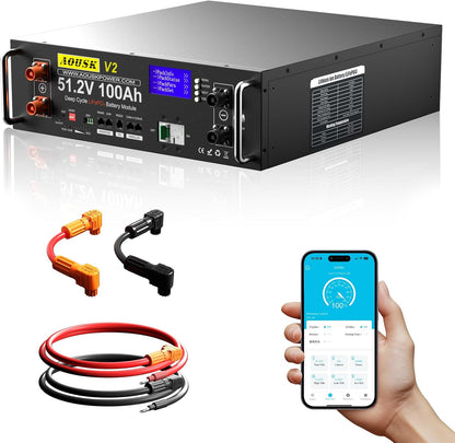 48V 100Ah(V2) Lithium Lifepo4 Solar Battery, Support Inverter Communication, Built-In 100A BMS with Bluetooth,Max. 5120W Power Output, 6000+ Cycles, Perfect for Off-Grid, Solar, Backup Power
