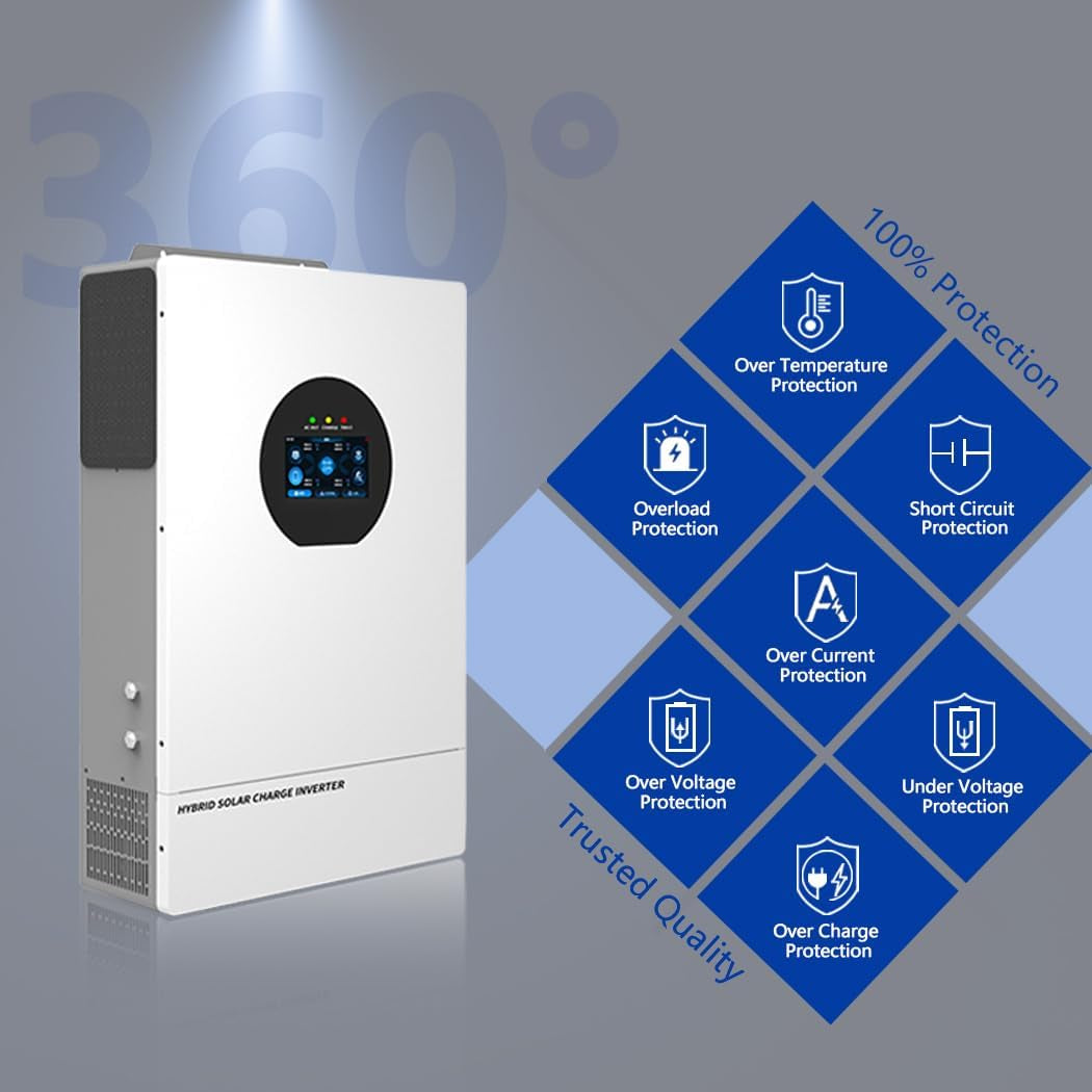 7200W Split Phase Hybrid Solar Inverter 48V DC to 120/240V AC, UL1741, Built-In 150A Solar Charger, 6-Unit Parallel to 43.2KW, Supports Battery-Free & Lithium/Lead-Acid, for Home/Rv/Cabin/Off-Grid